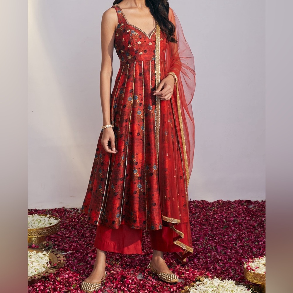 Cherry Red Floral Printed Anarkali Set